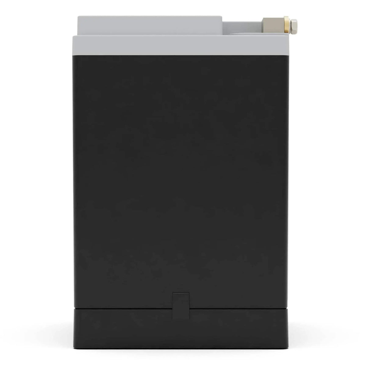 Unlabeled side view of a black battery with a gray top, raised terminal and lower case seam