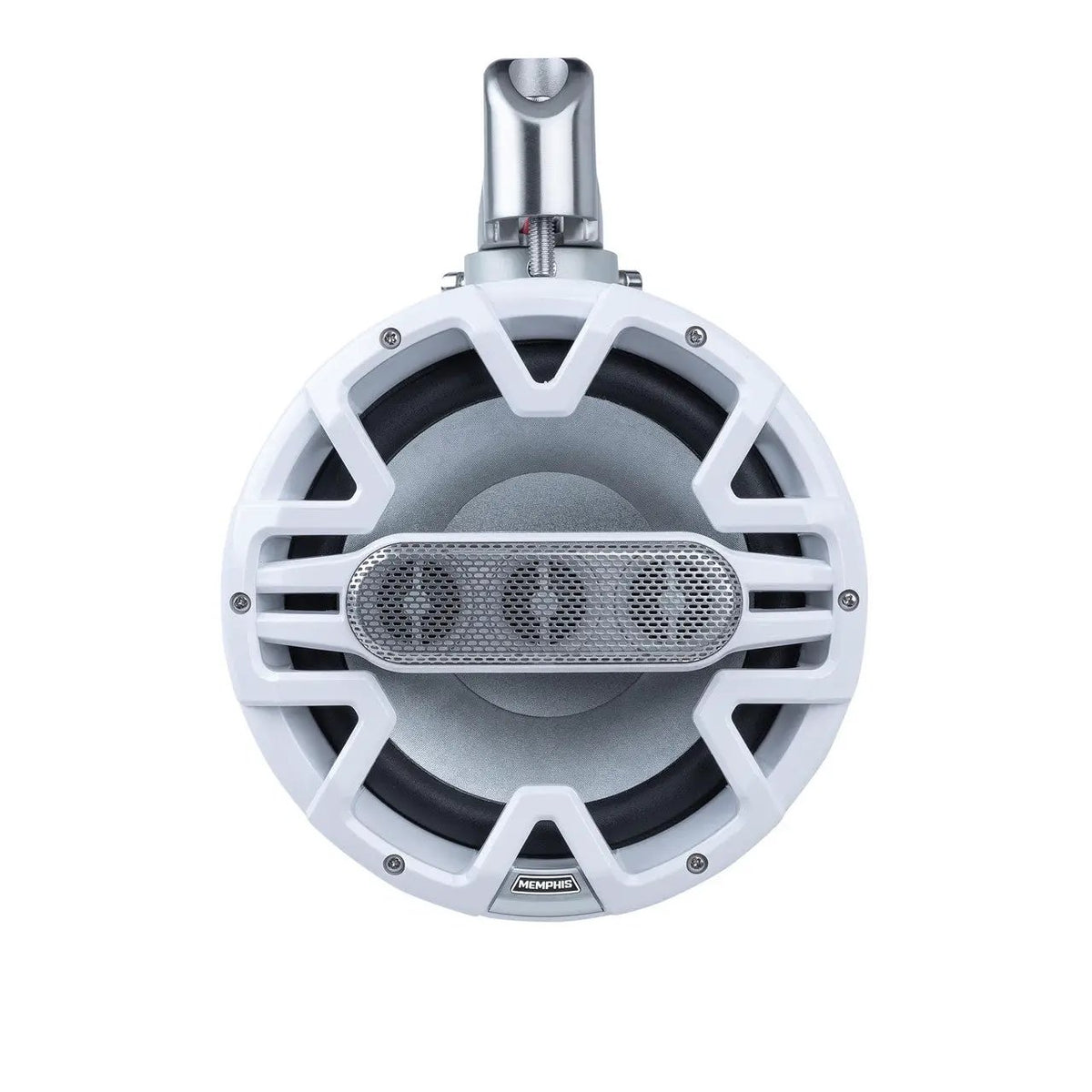 White Memphis tower speaker with a front grille, central tweeter and mounting clamp