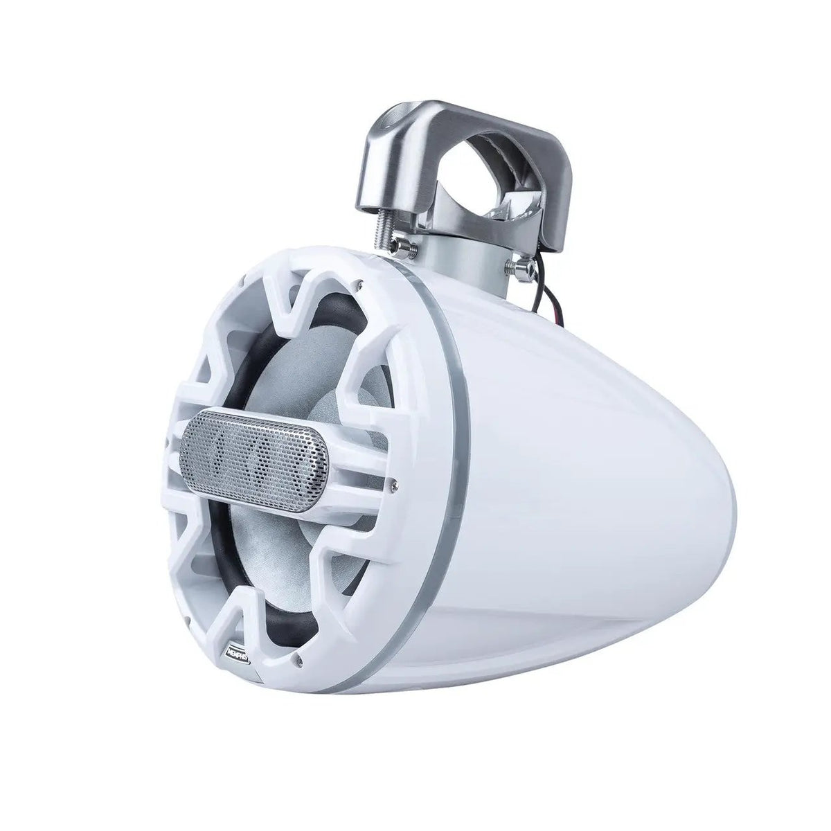 White tower speaker with silver mounting clamp and a grille surrounding its projecting tweeter