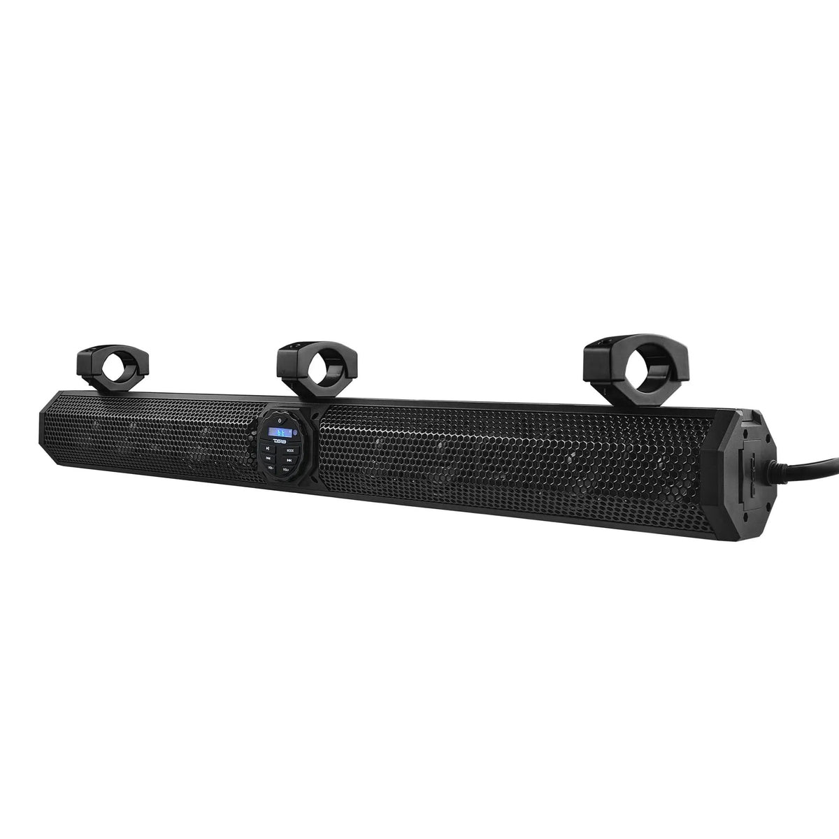 Black soundbar with center controls, three mounting clamps and a side cable