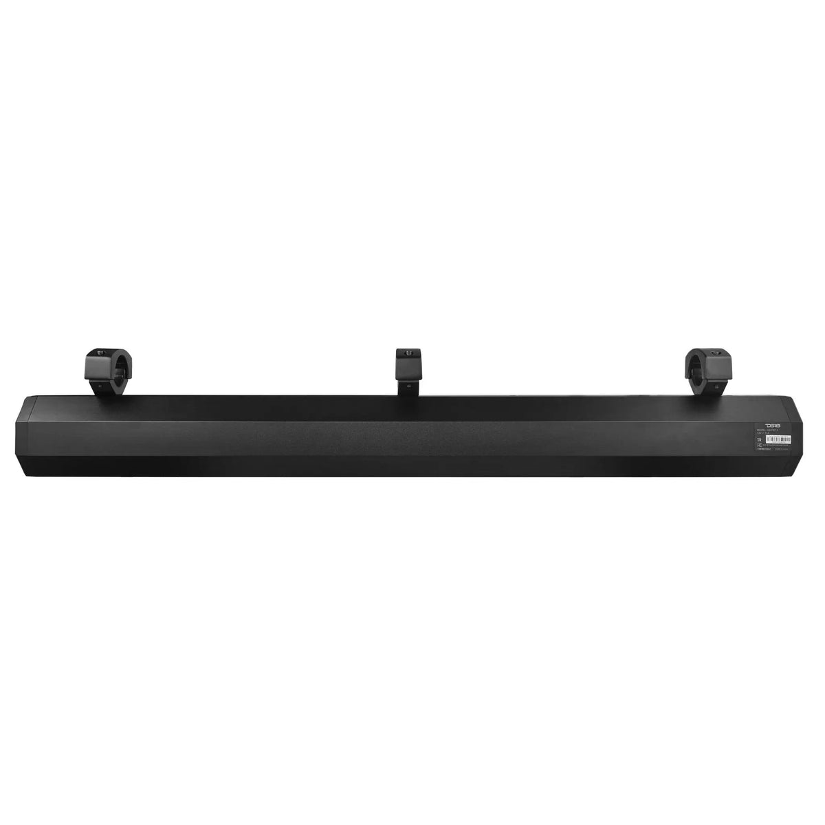 Rear view of a black soundbar with three mounting brackets