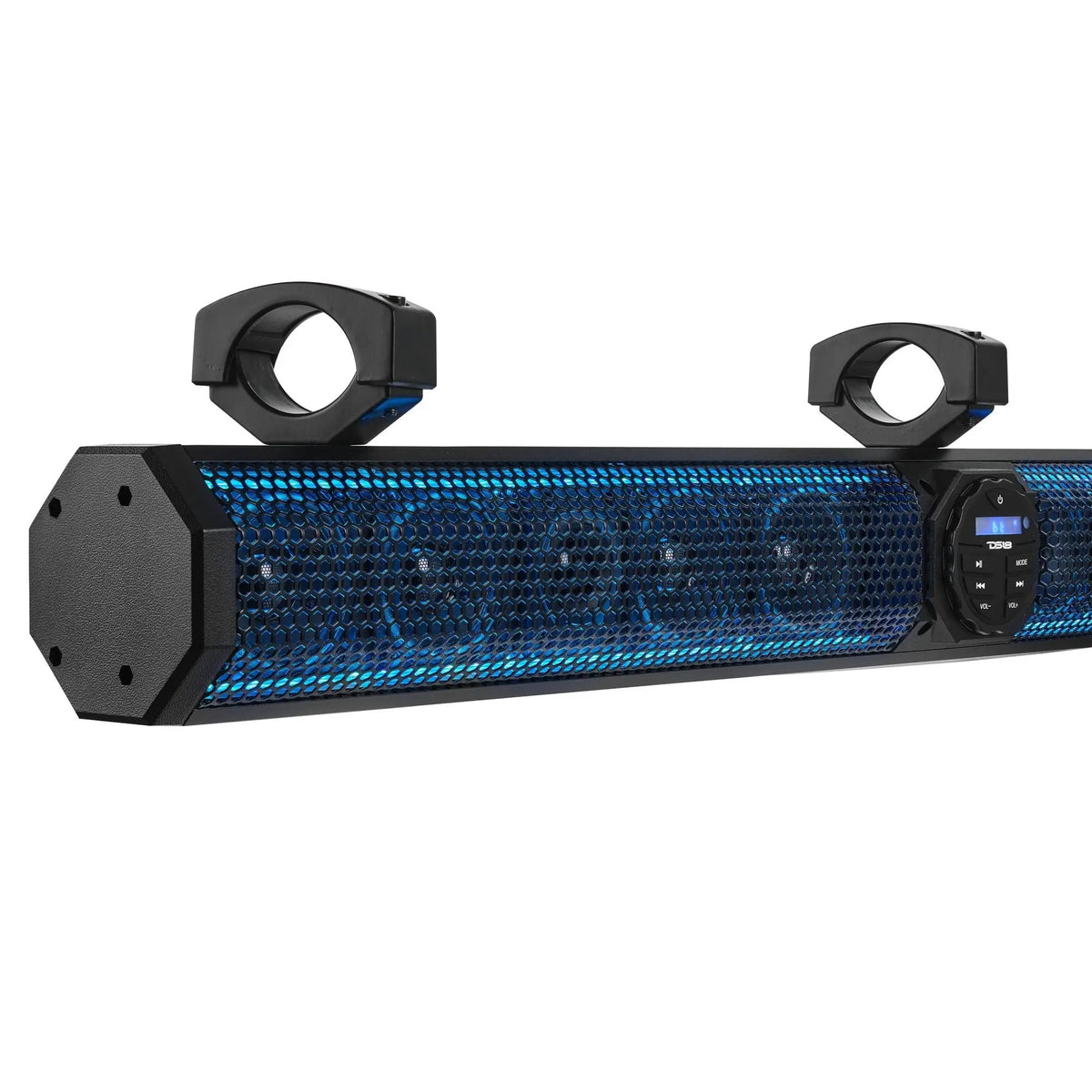 Close-up of a DS18 soundbar with blue-lit speaker grilles, control panel and mounting clamps