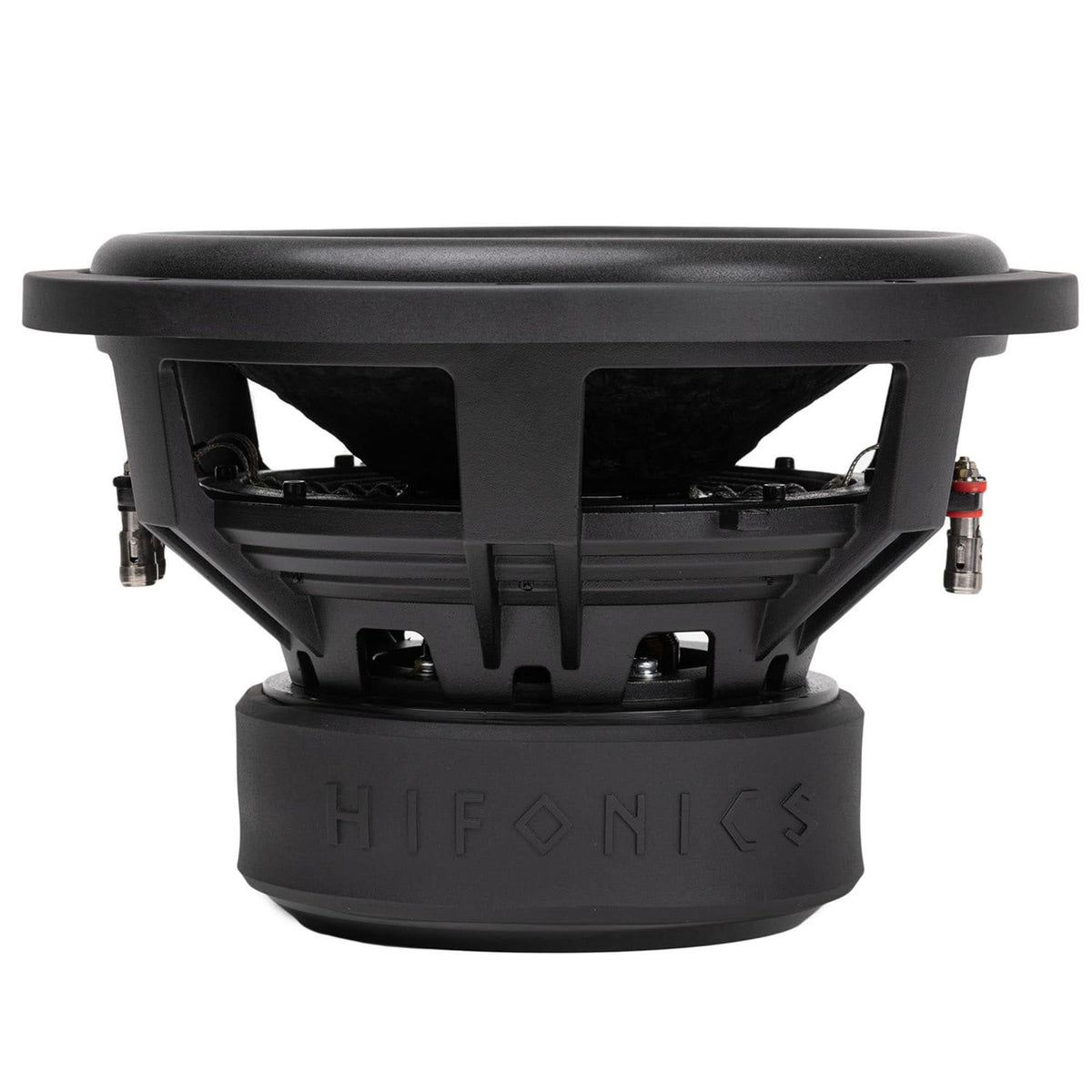 Side view of a Hifonics subwoofer showing the surround, basket, terminals and magnet boot