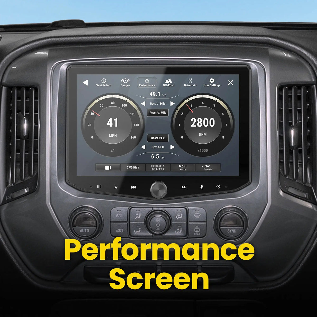 Installed Stinger touchscreen showing a performance dashboard with speed and engine-RPM gauges
