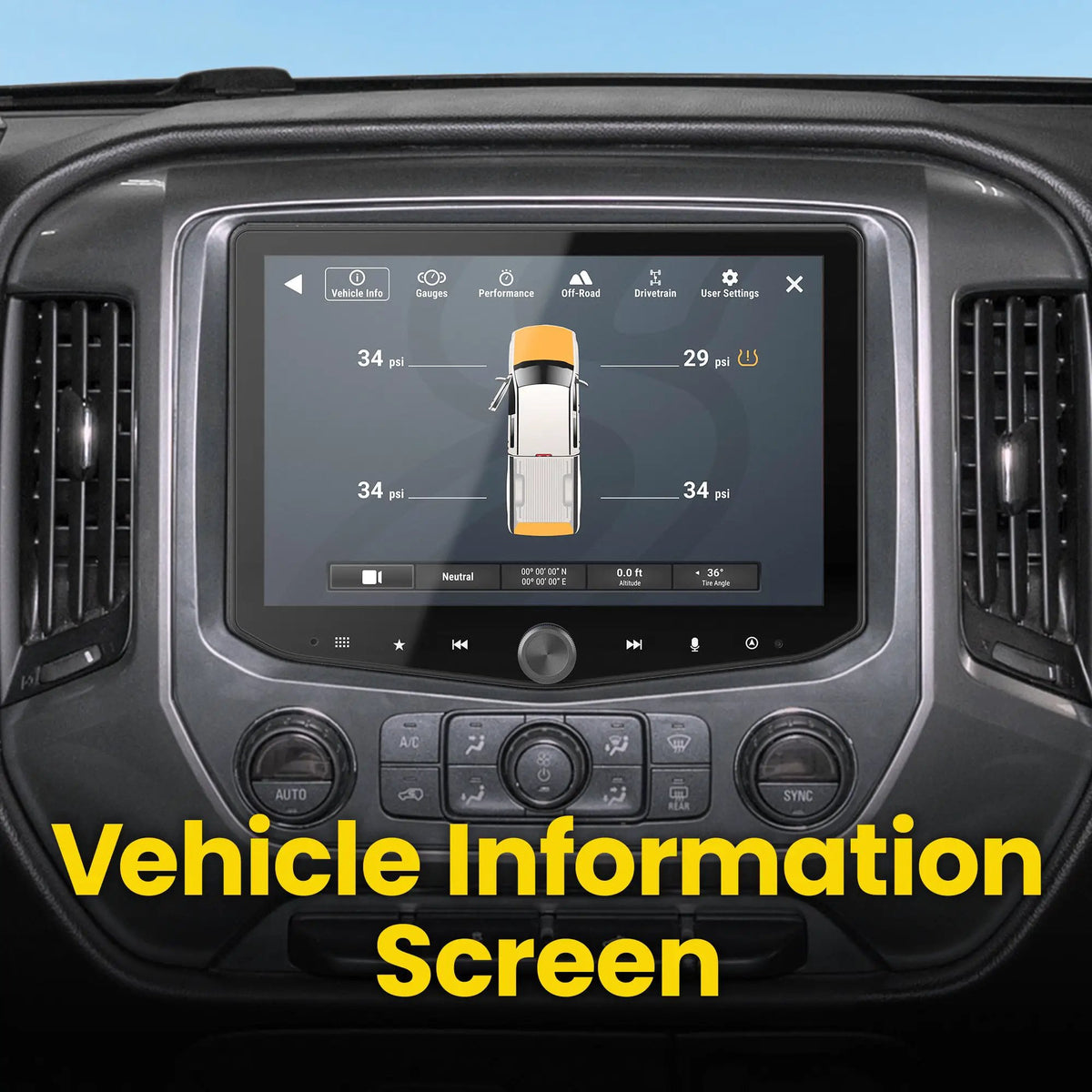 Stinger vehicle-information screen showing a truck diagram and tire-pressure readings