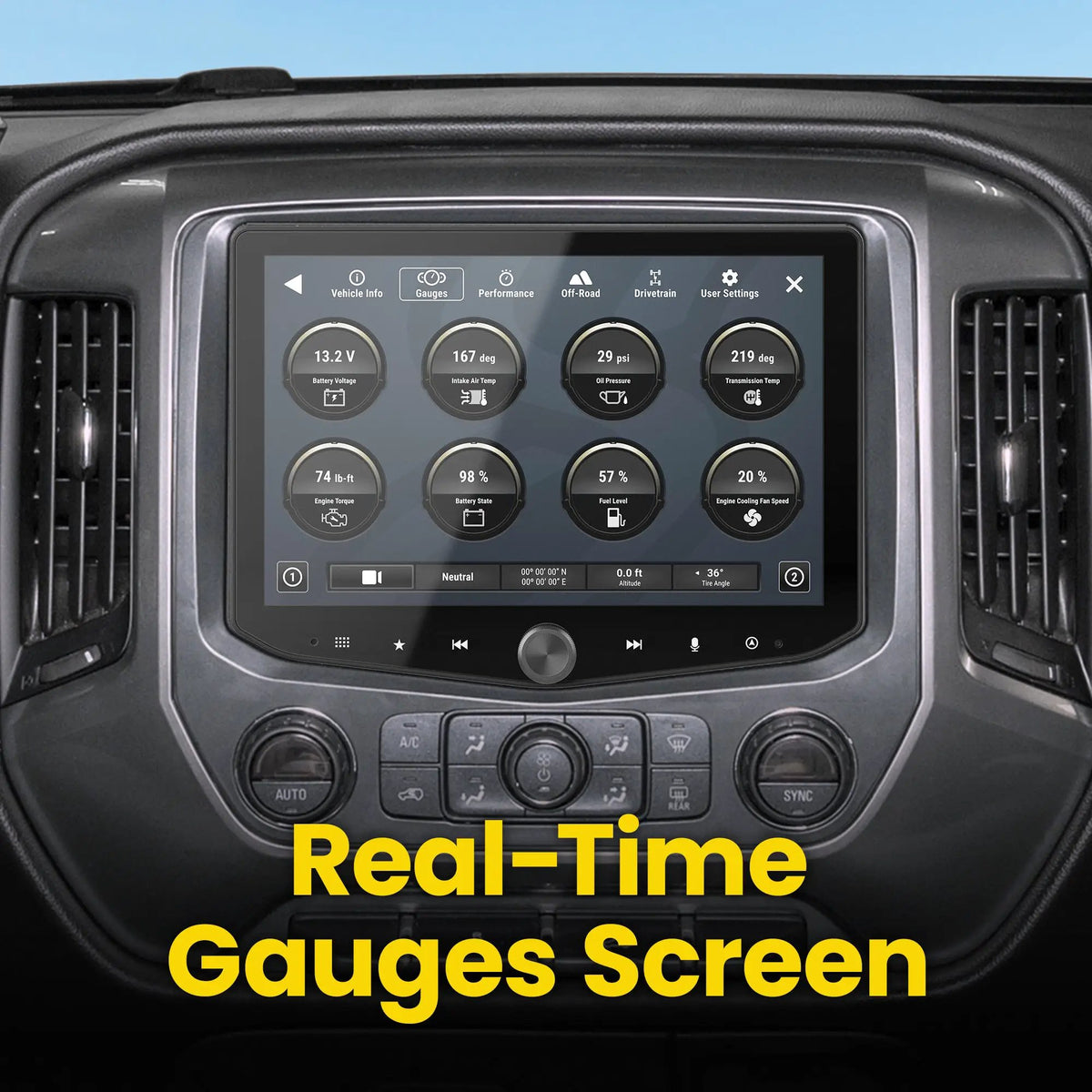 Stinger dashboard touchscreen displaying real-time engine and vehicle gauges