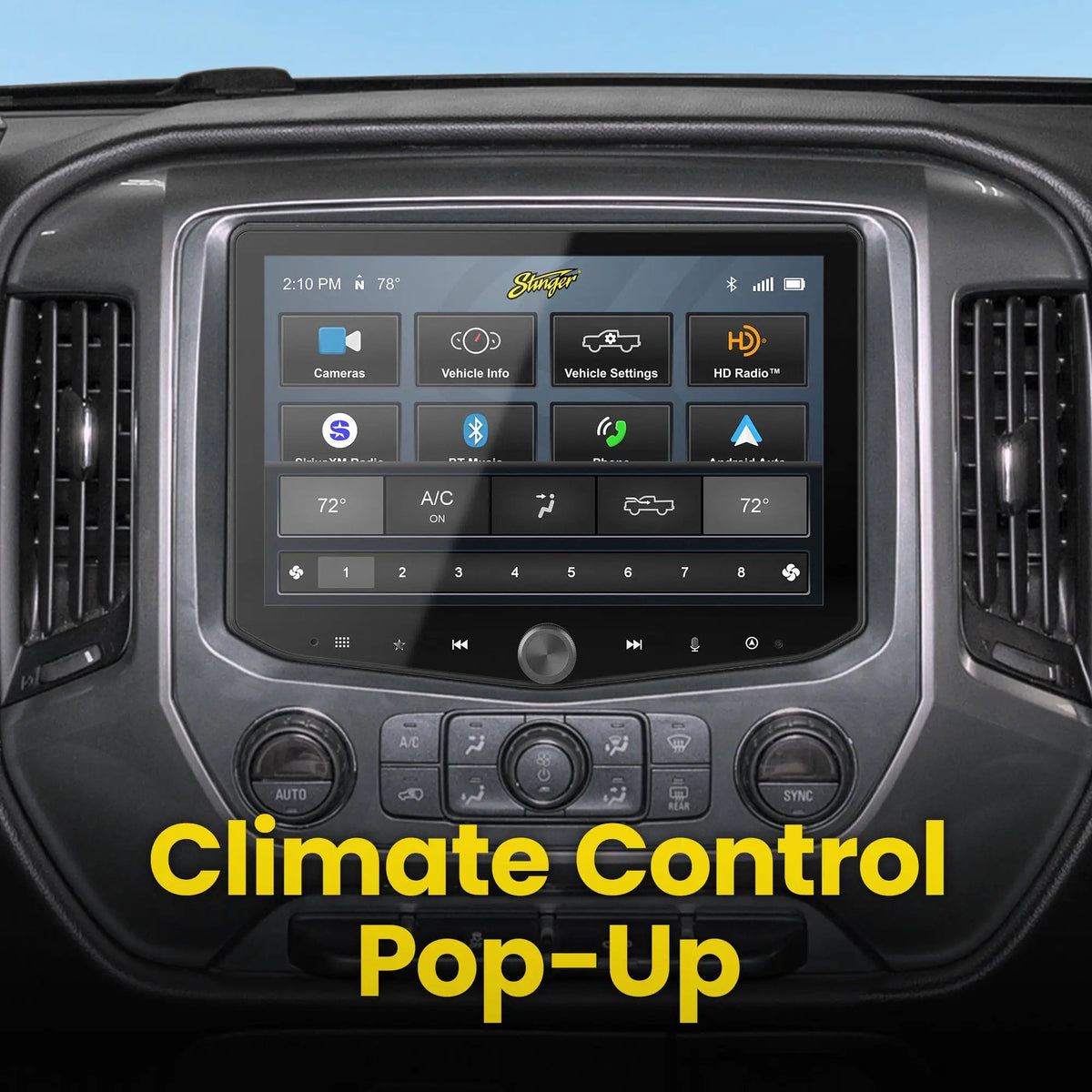 Stinger dashboard touchscreen showing its source menu with a climate-control pop-up