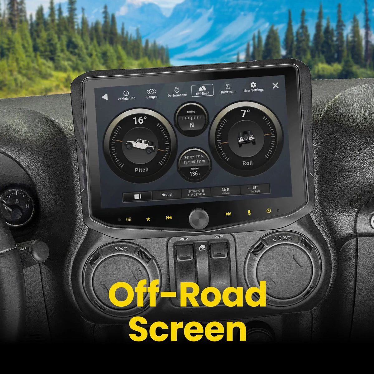 Installed Stinger touchscreen showing an off-road screen with pitch, roll, heading and altitude gauges