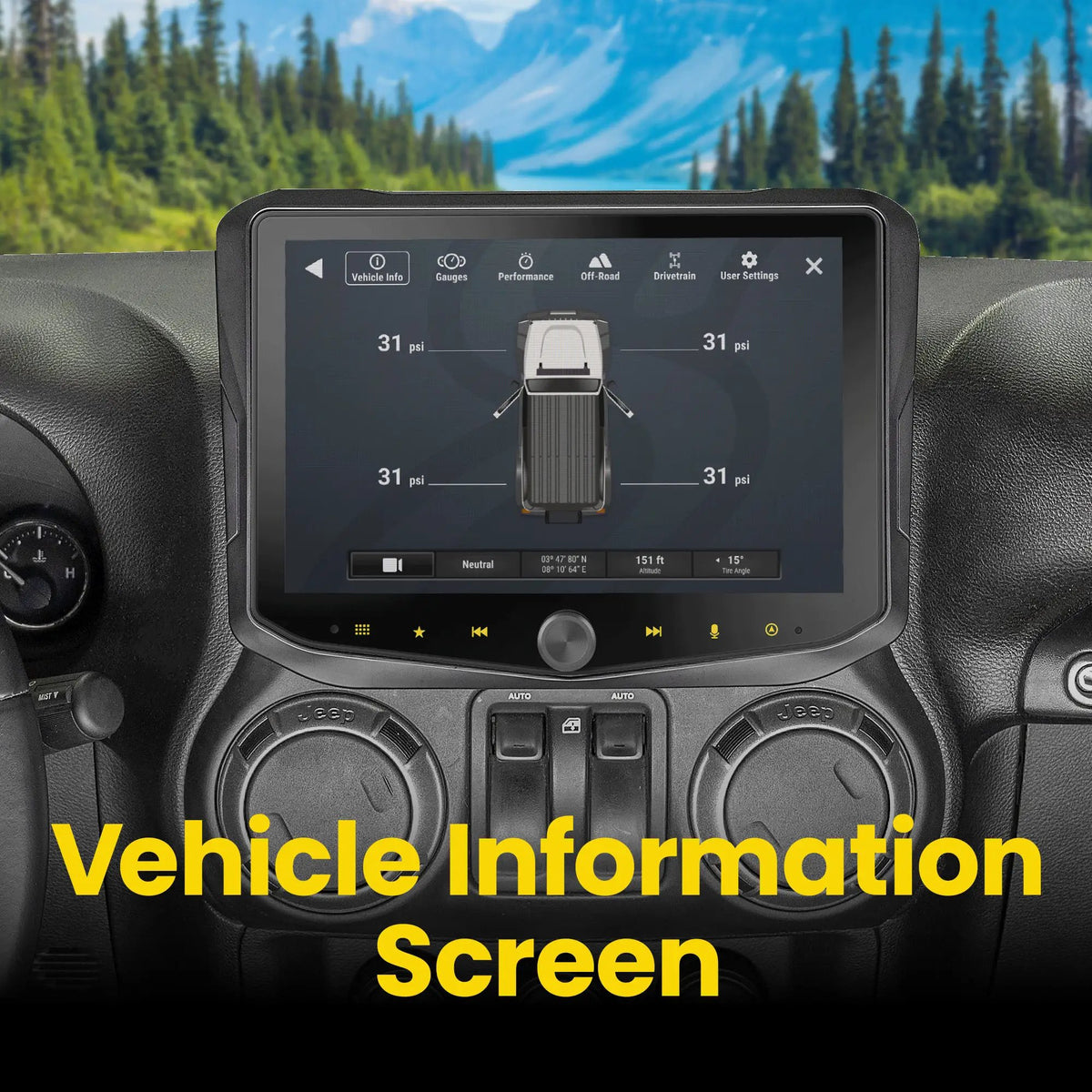 Installed Stinger touchscreen showing a vehicle-information diagram with tire-pressure readings