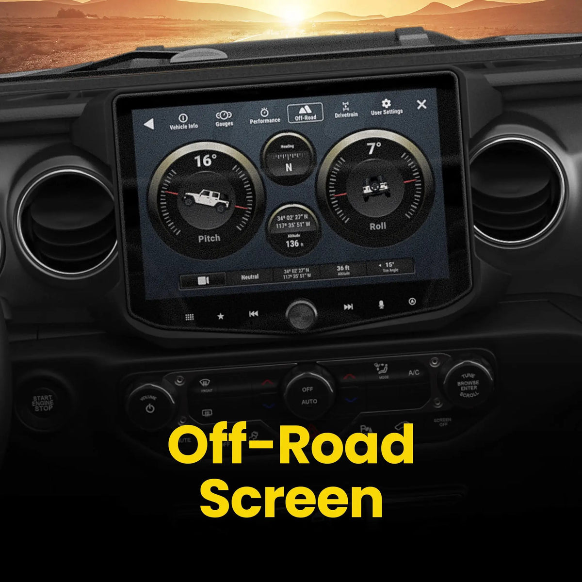 Installed Stinger touchscreen showing off-road pitch, roll, heading and altitude gauges