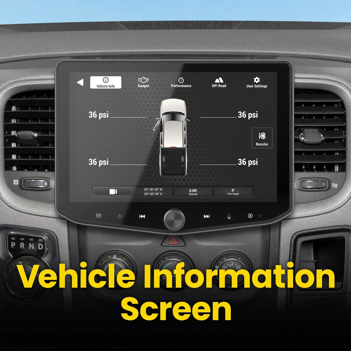 Stinger vehicle-information screen displaying a truck diagram and four tire-pressure readings