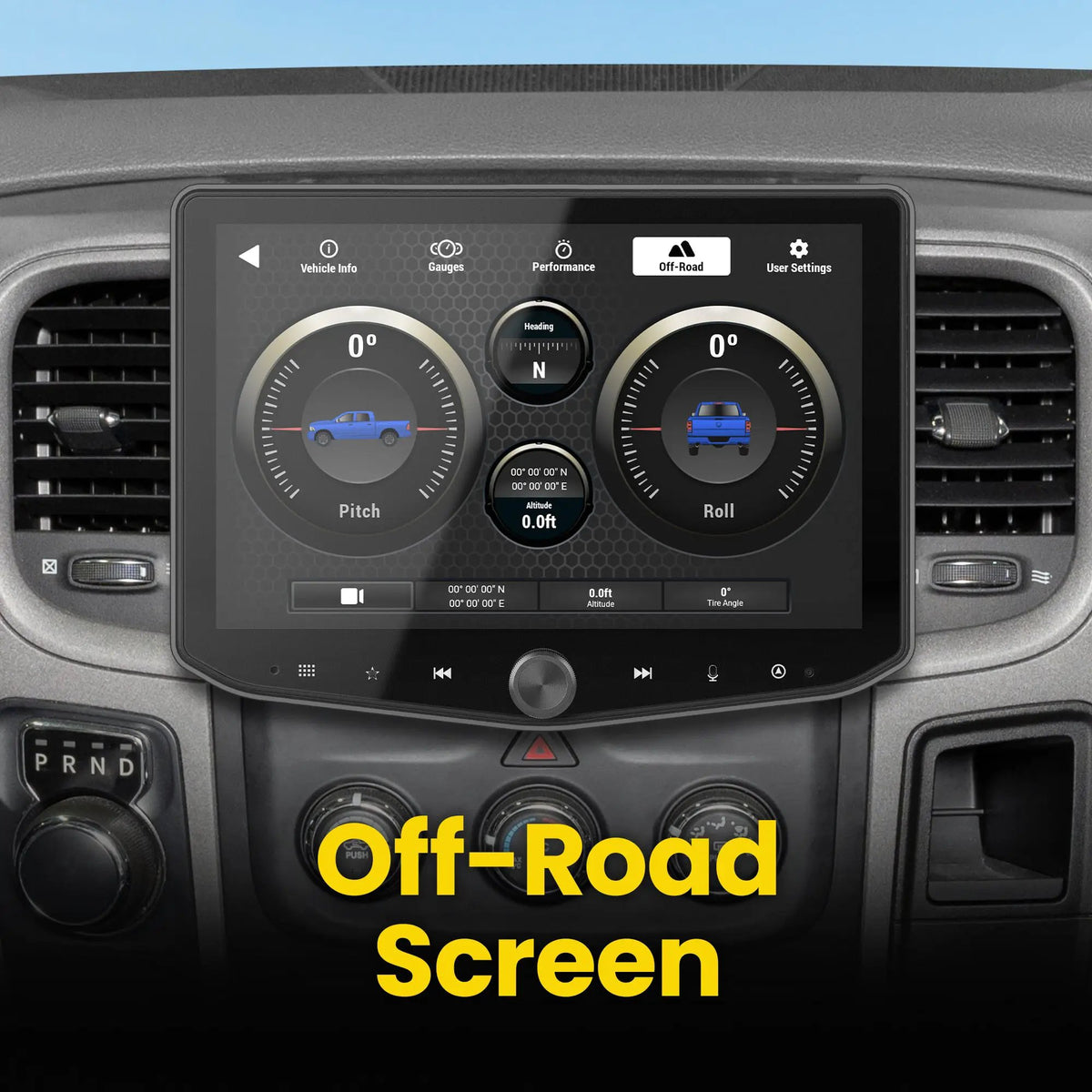 Stinger HORIZON10 in a RAM dashboard displaying the off-road screen with pitch and roll gauges