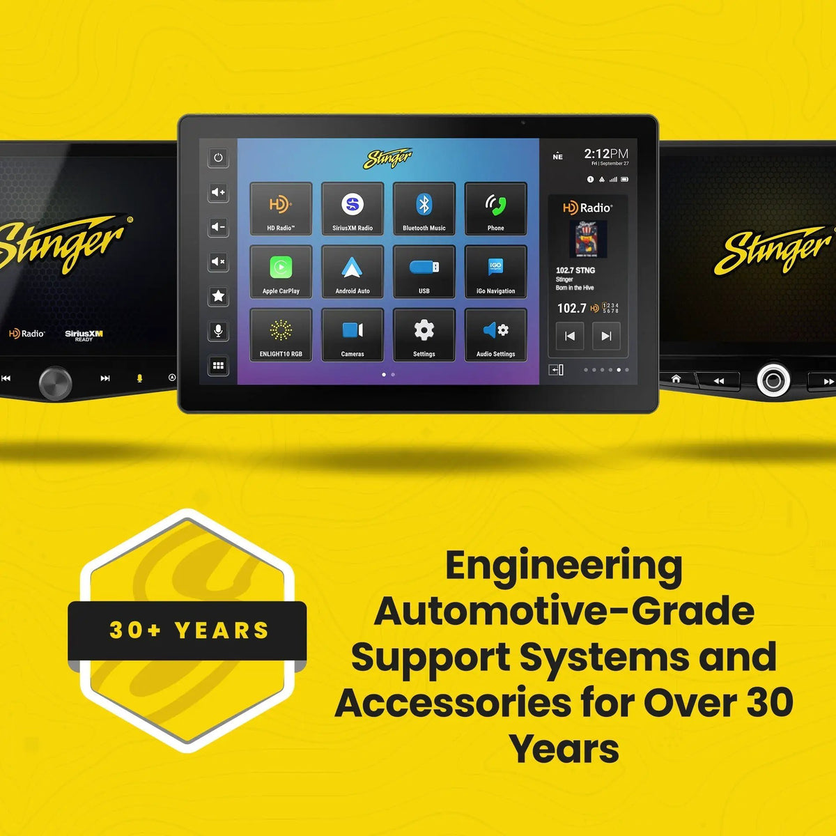 Stinger HORIZON12 promotional graphic highlighting more than 30 years of automotive support-system and accessory engineering