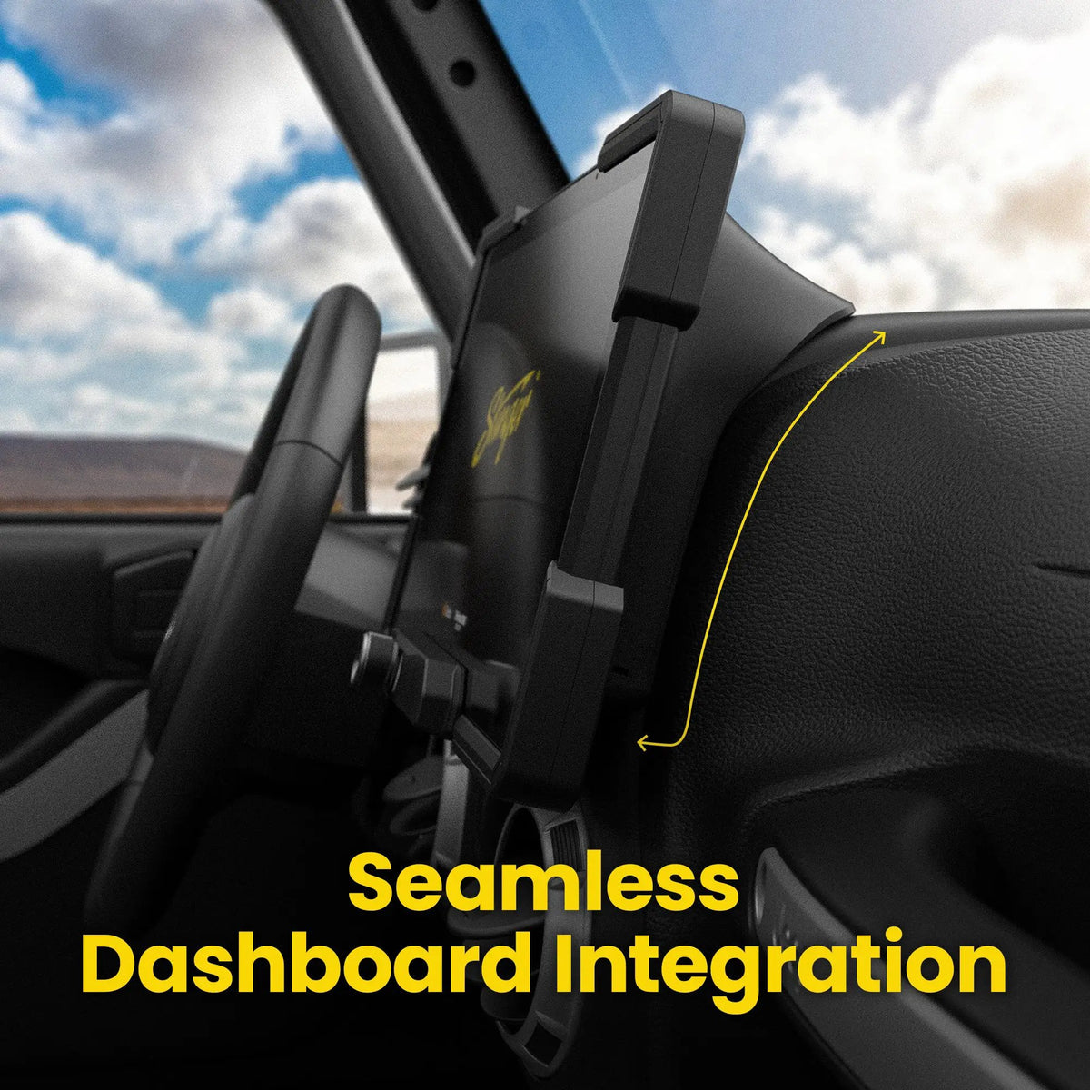 Side view of an installed Stinger display illustrating its fit against the dashboard