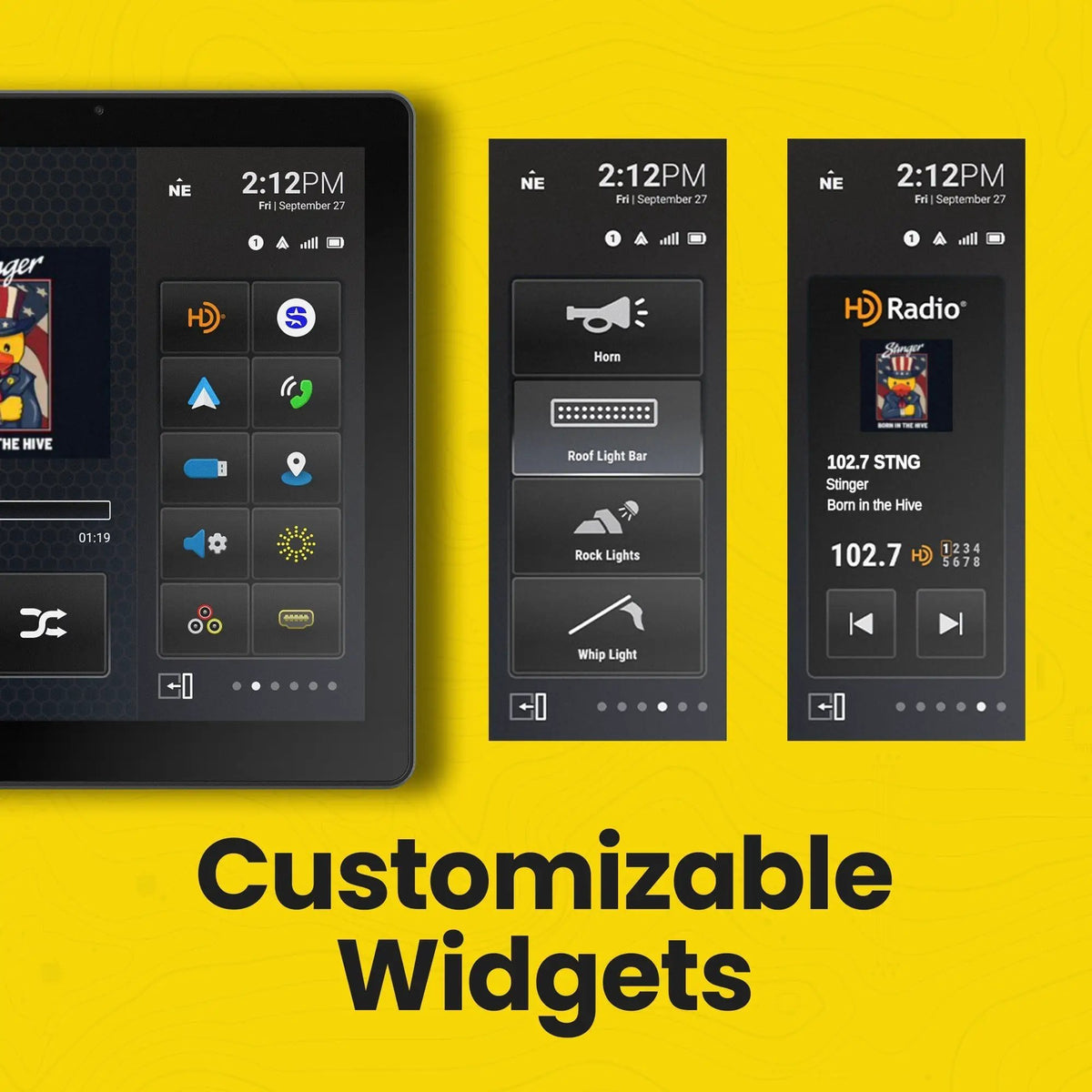 Stinger HORIZON12 customizable widgets graphic with lighting-control and radio panel examples