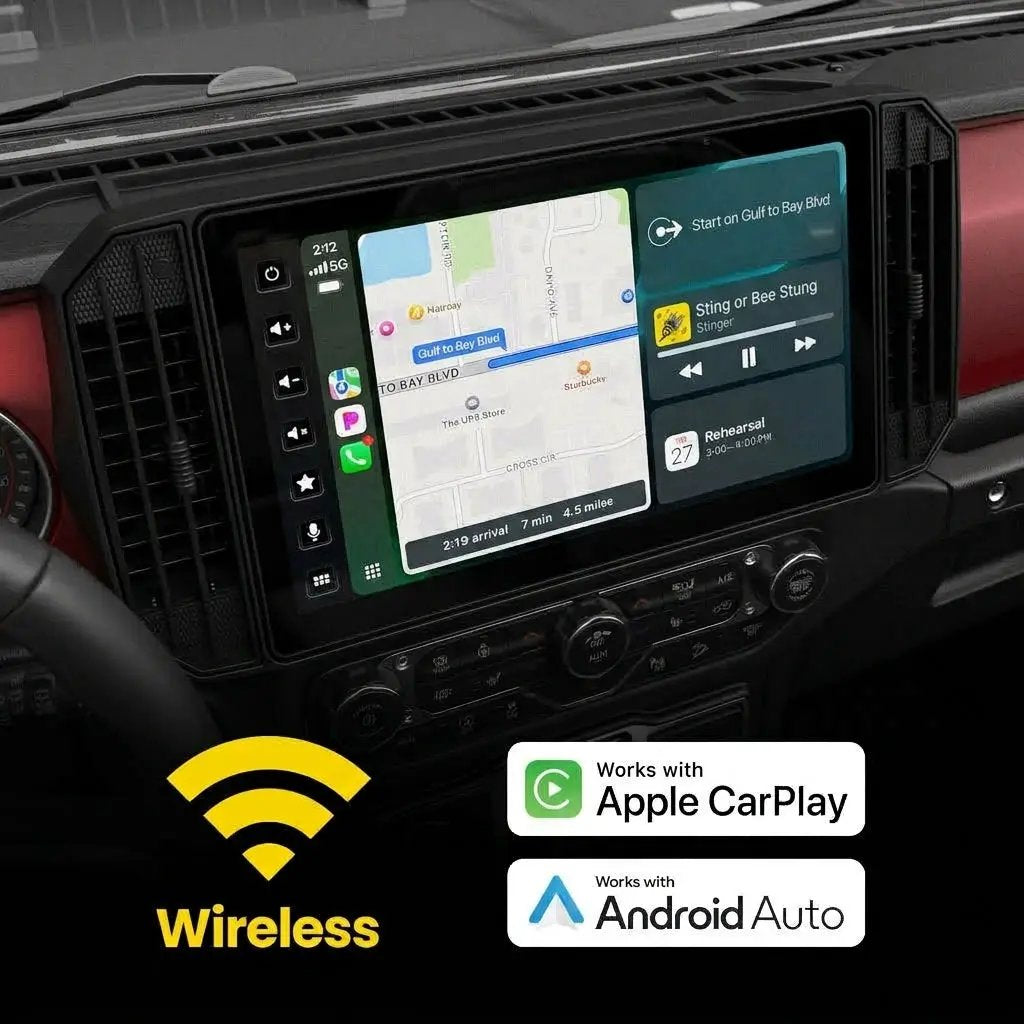 Installed Stinger widescreen display with wireless Apple CarPlay and Android Auto feature callouts