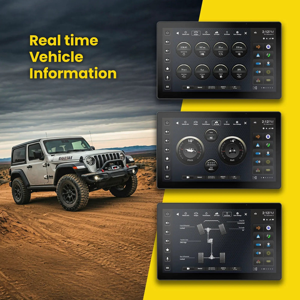 Stinger HORIZON12 vehicle-information graphic with gauge, off-road and drivetrain screens beside a Jeep Gladiator