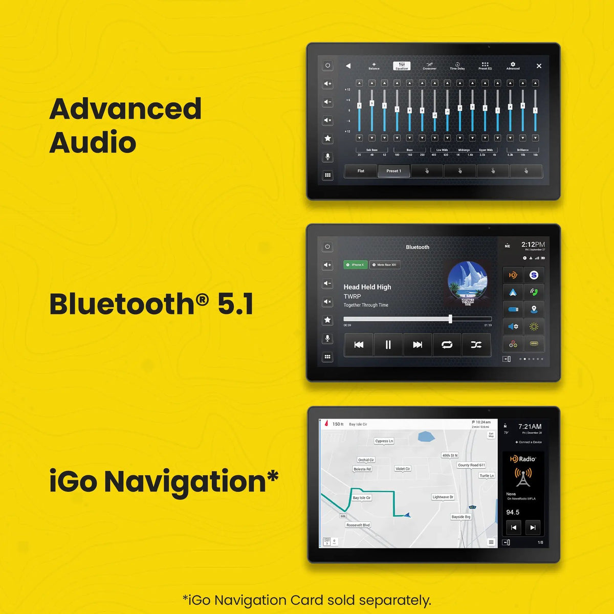 Stinger feature graphic showing equalizer controls, Bluetooth 5.1 and iGO navigation, with the navigation card sold separately