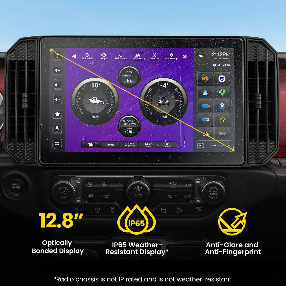 Stinger HORIZON12 in a Jeep dashboard with 12.8-inch screen and IP65 display callouts; the radio chassis is not weather-resistant
