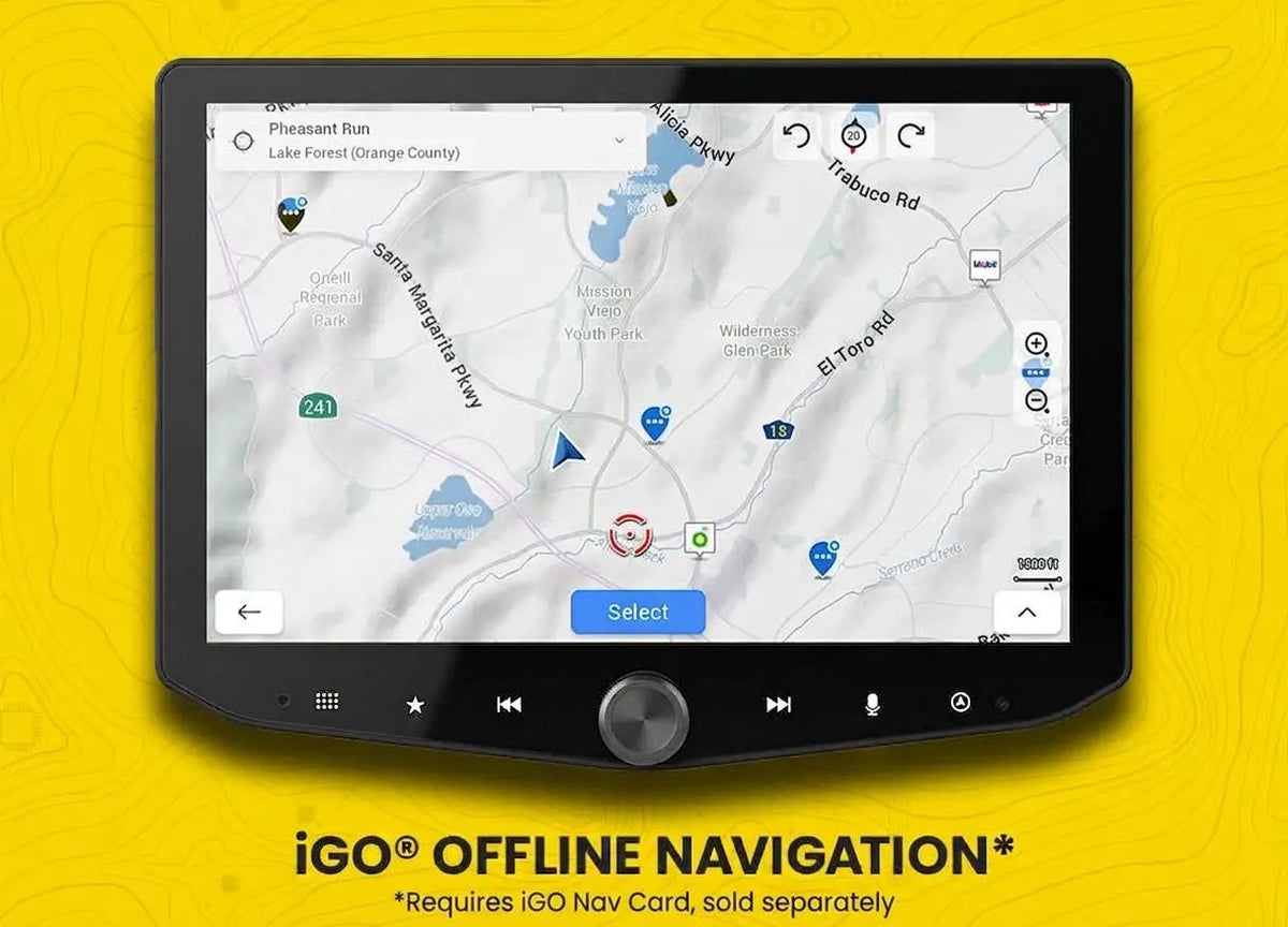 Stinger touchscreen showing an iGO map, with a note that offline navigation requires a separately sold iGO Nav Card