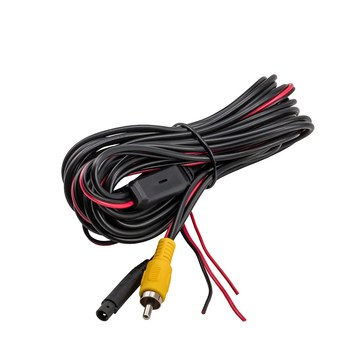 Coiled camera video and power cable with a yellow RCA plug and red leads
