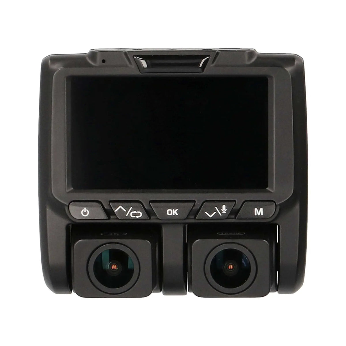 Front view of a dual-lens dash camera with its screen and control buttons
