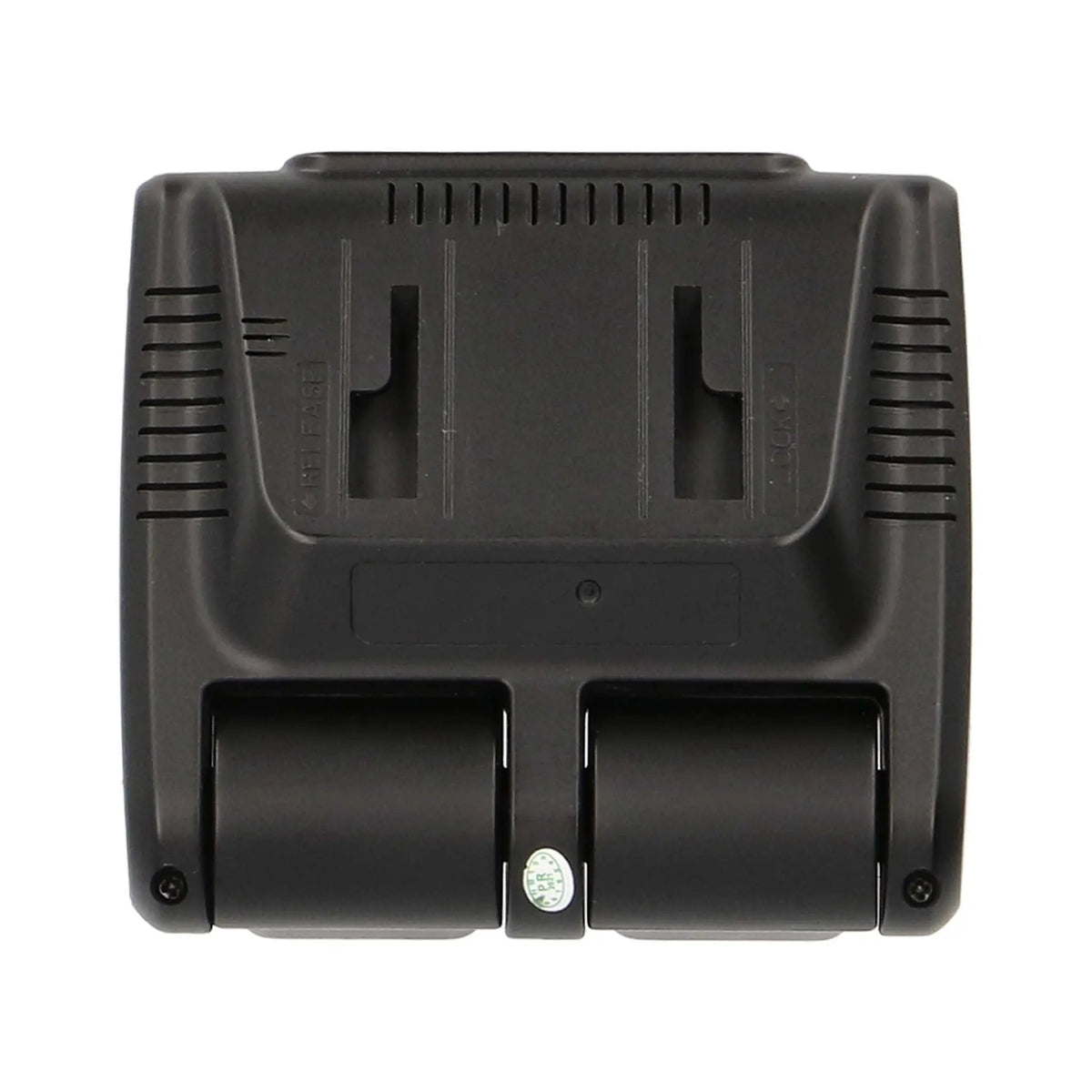 Rear view of a dual-lens dash camera showing mounting slots, ventilation slots and camera housings