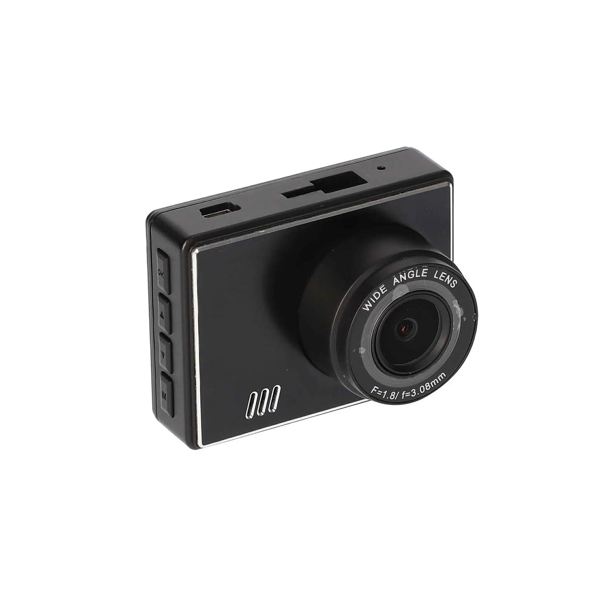 Dash camera front lens and side buttons, with a connector port and mounting slot on top