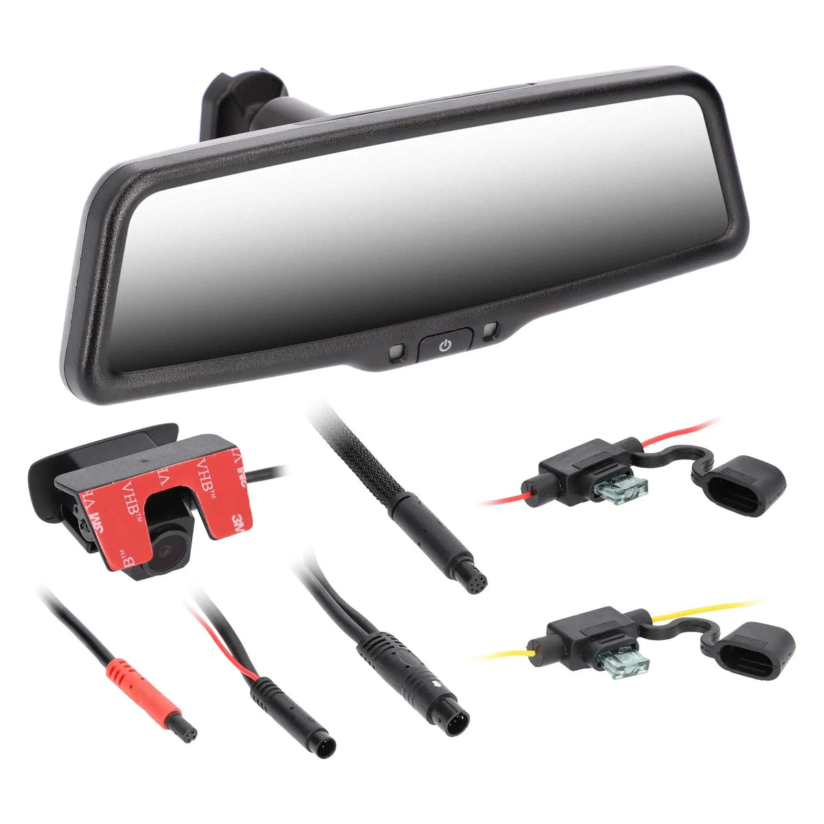 Rearview mirror with a reflective face, rear camera and wiring connectors