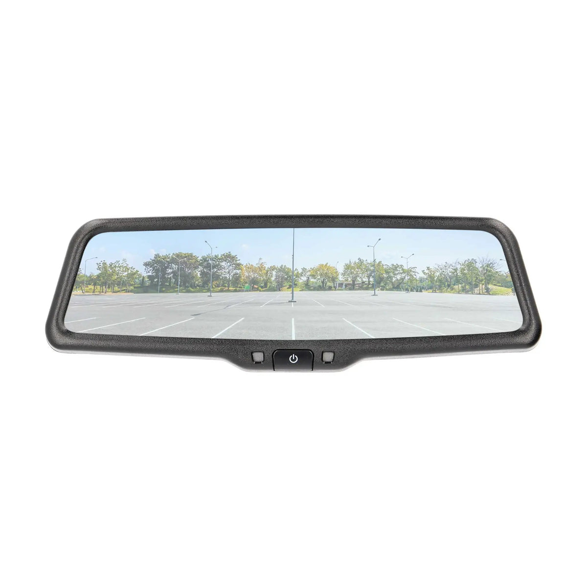 Wide rearview mirror display showing an empty parking lot