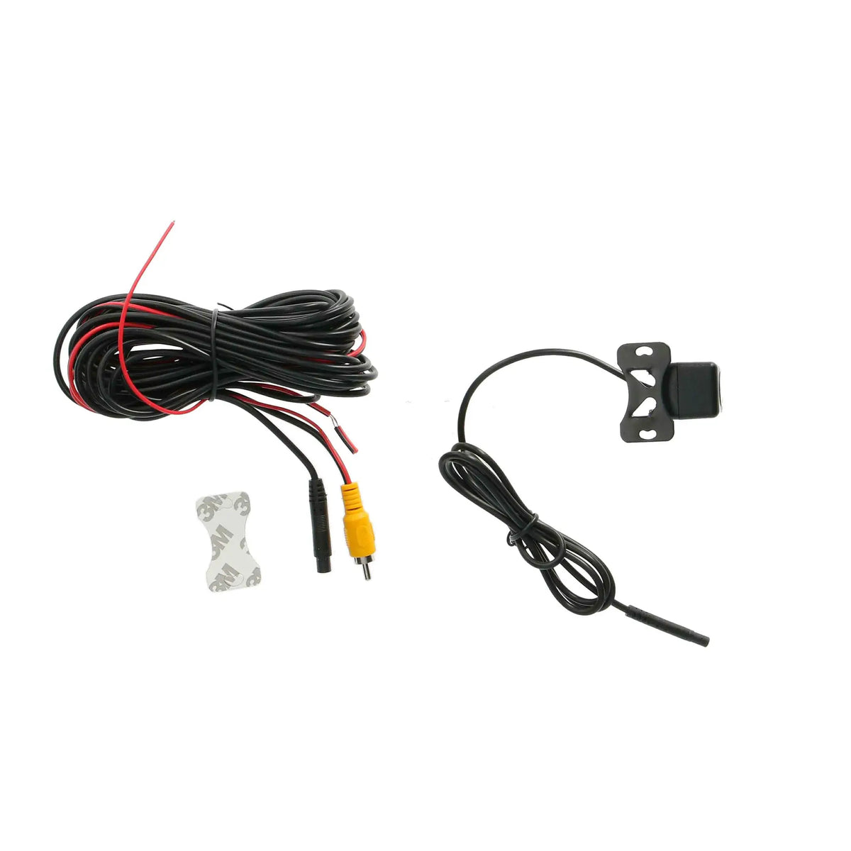 Square backup camera with a mounting bracket, extension cable and adhesive mounting pad