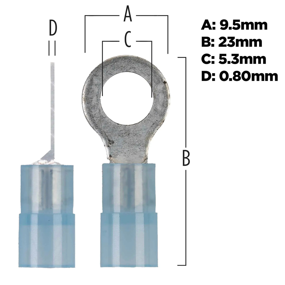 Blue ring-terminal dimension diagram: 9.5 mm outer width, 23 mm length, 5.3 mm hole and 0.80 mm metal thickness