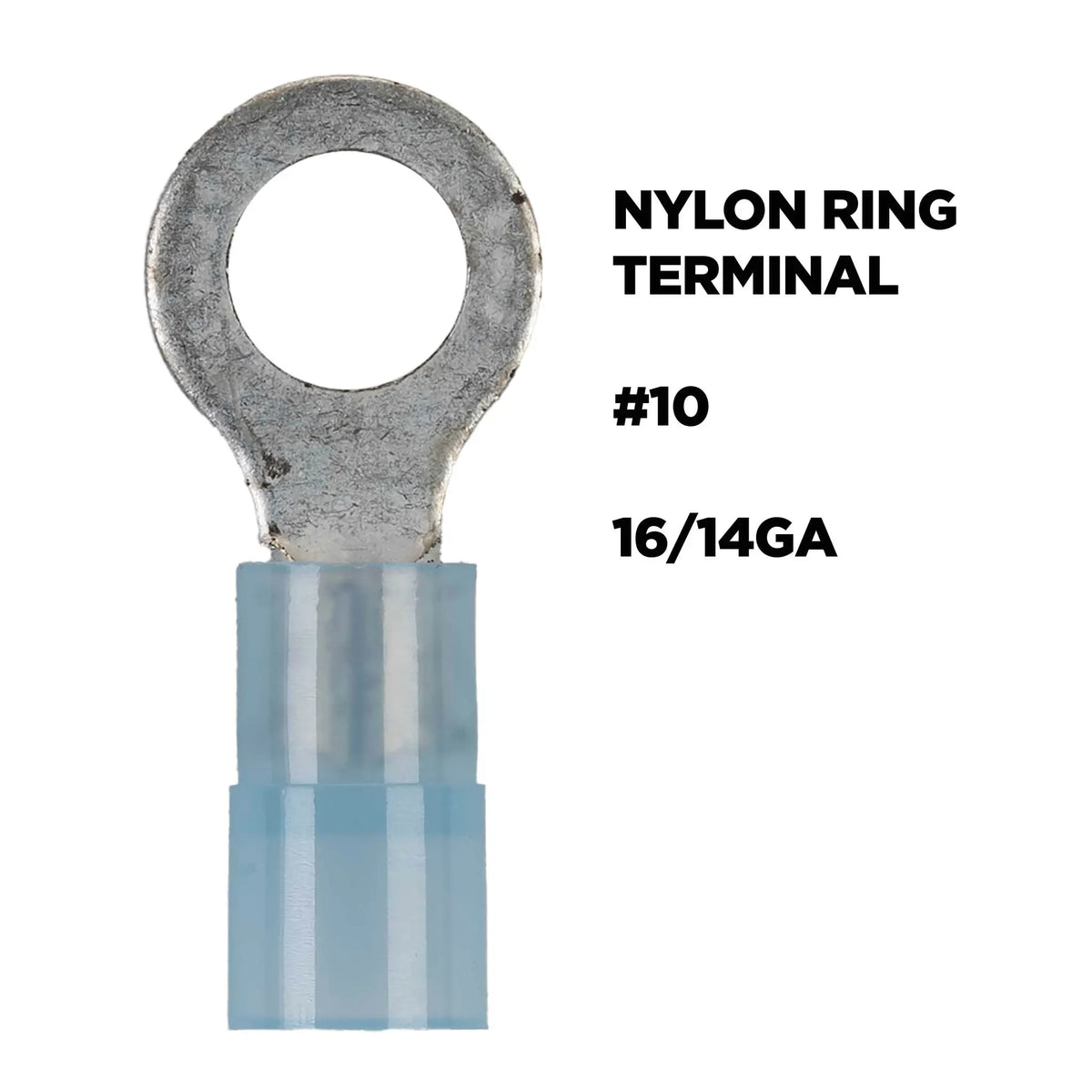 Blue nylon ring-terminal graphic labeled number 10 and 16/14 gauge