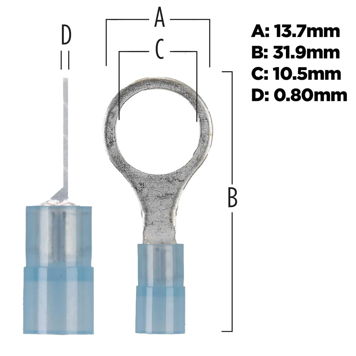 Blue ring-terminal dimension diagram: 13.7 mm outer width, 31.9 mm length, 10.5 mm hole and 0.80 mm metal thickness