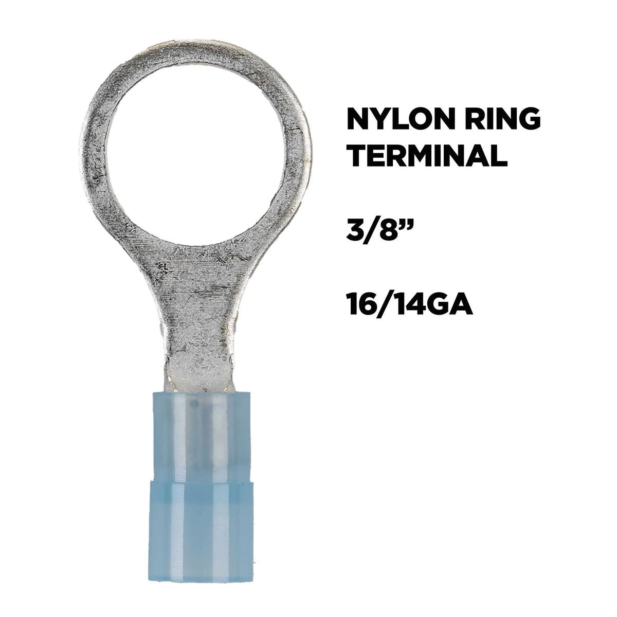 Blue nylon ring-terminal graphic labeled 3/8 inch and 16/14 gauge