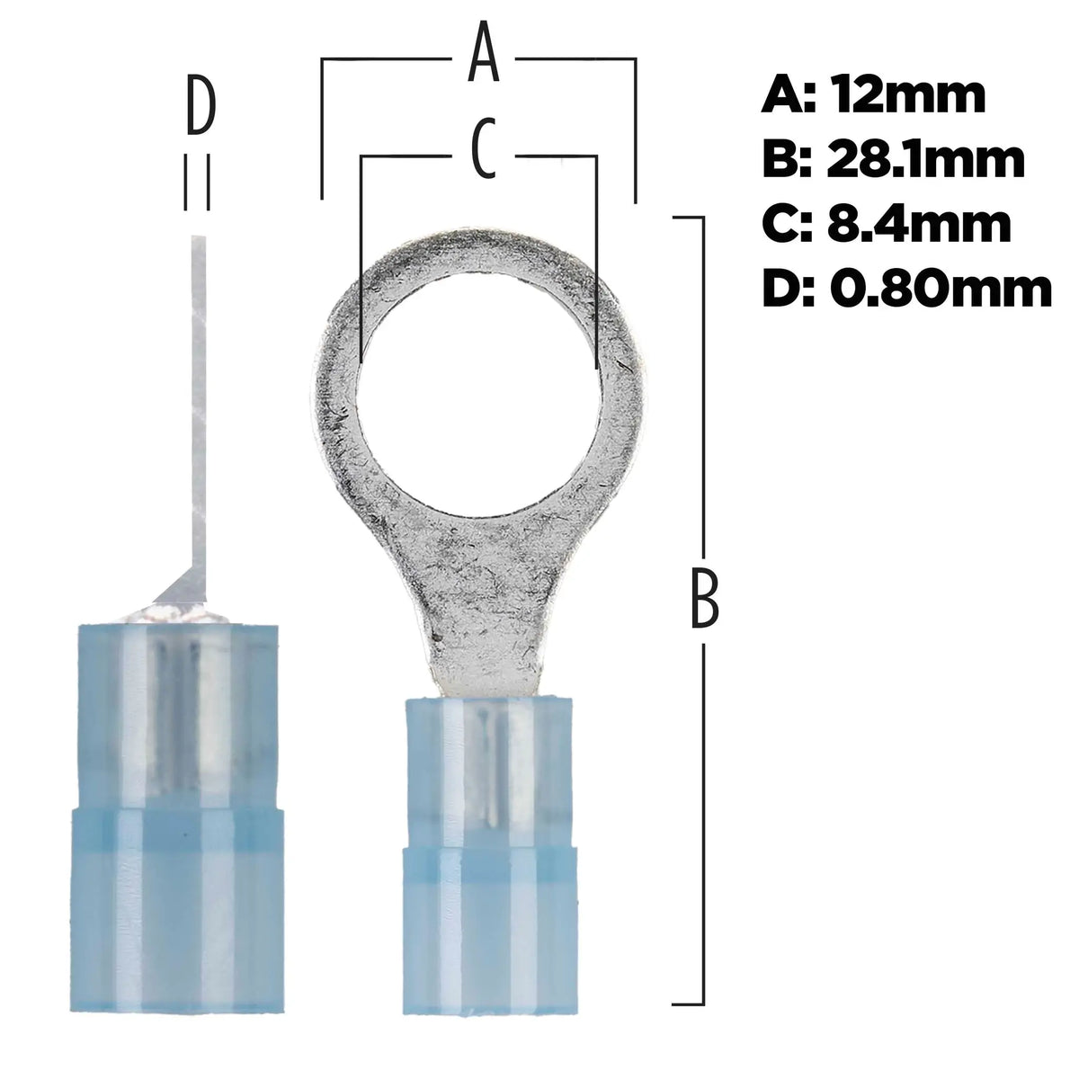 Ring-terminal dimension drawing marking 28.1 mm length, 12 mm outer width, 8.4 mm hole and 0.80 mm metal thickness