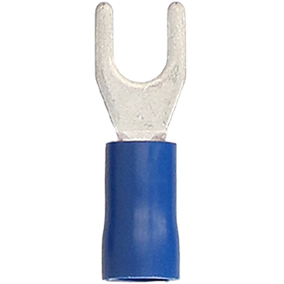 Front view of a blue insulated fork terminal with a flat metal spade