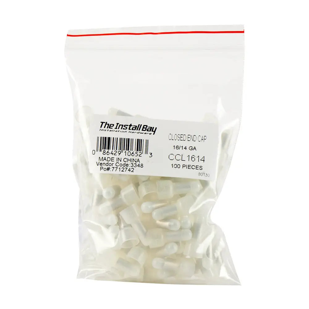 Bag of white Install Bay CCL1614 closed-end crimp caps labeled 16–14 gauge and 100 pieces