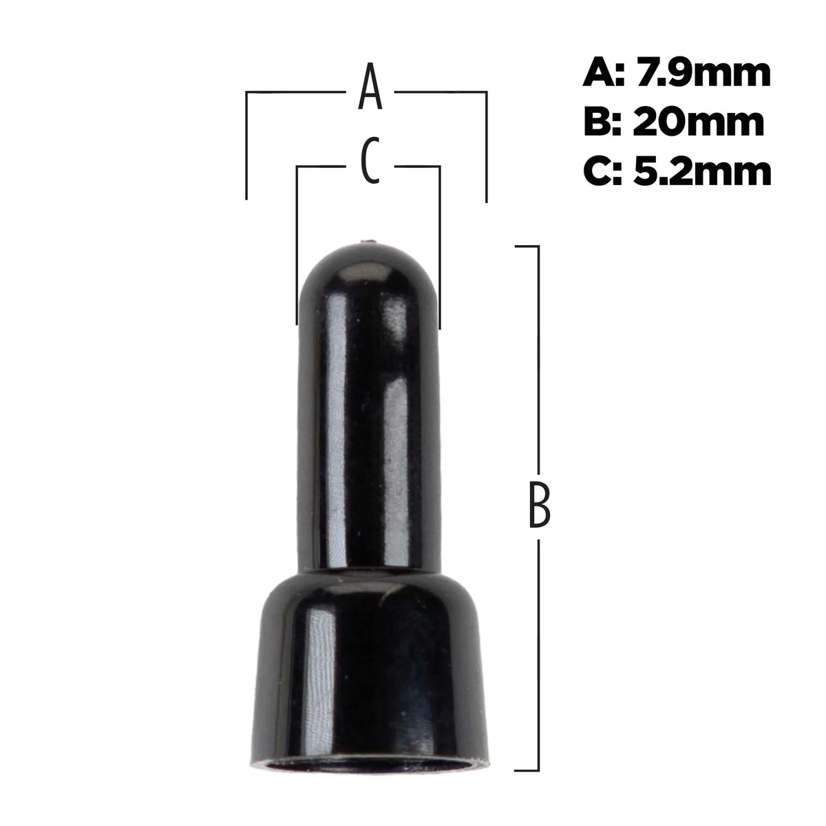 Black crimp-cap dimension graphic showing 20 mm height and labeled 7.9 mm and 5.2 mm widths