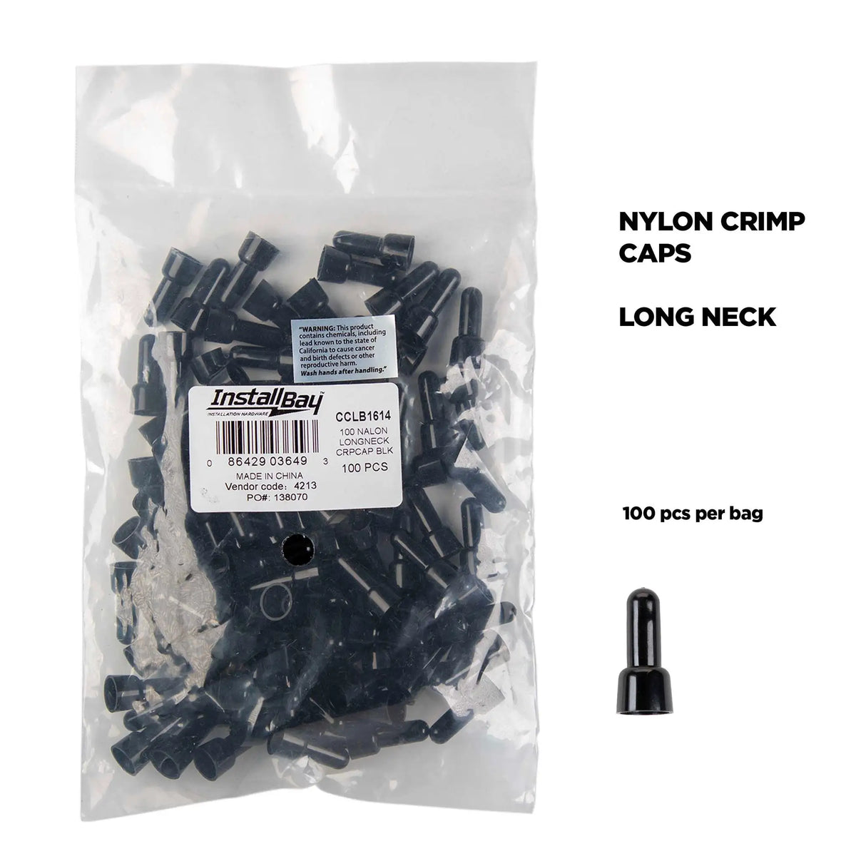Install Bay CCLB1614 black long-neck nylon crimp-cap graphic marked 100 pieces per bag