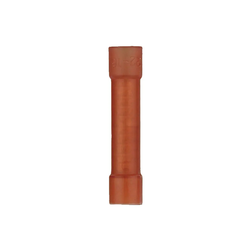 Straight-on view of a single red insulated butt connector