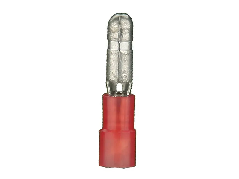 Red insulated male bullet connector with its rounded metal contact exposed