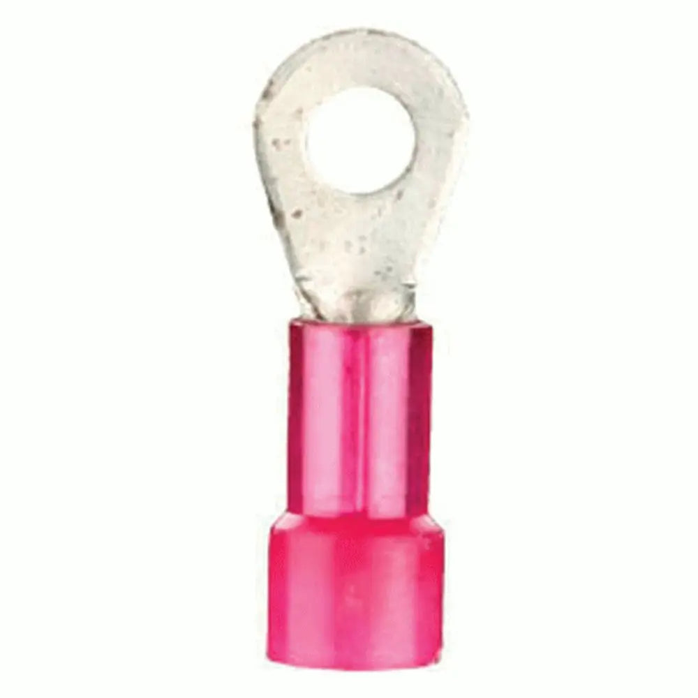 Front view of a red insulated ring terminal with a round metal eyelet