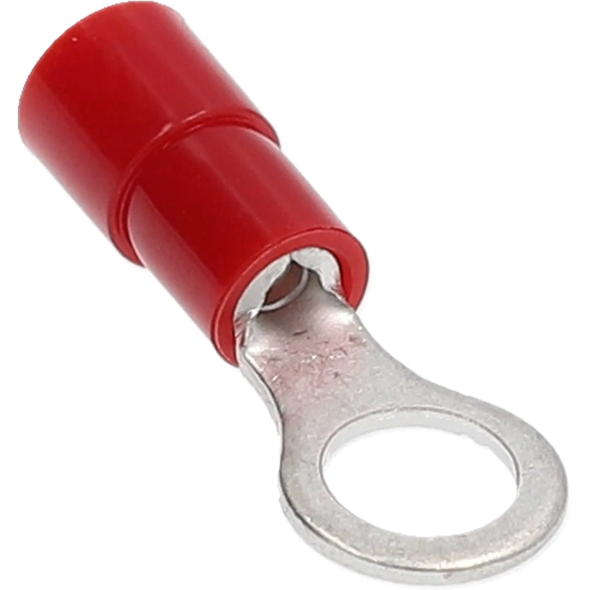 Angled close-up of a red insulated ring terminal