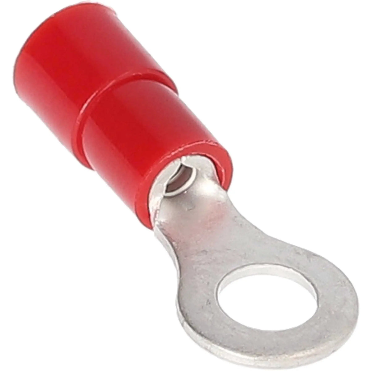 Angled close-up of a red-insulated ring terminal