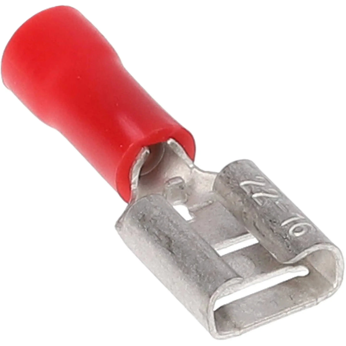 Angled close-up of a red-insulated female quick-disconnect terminal