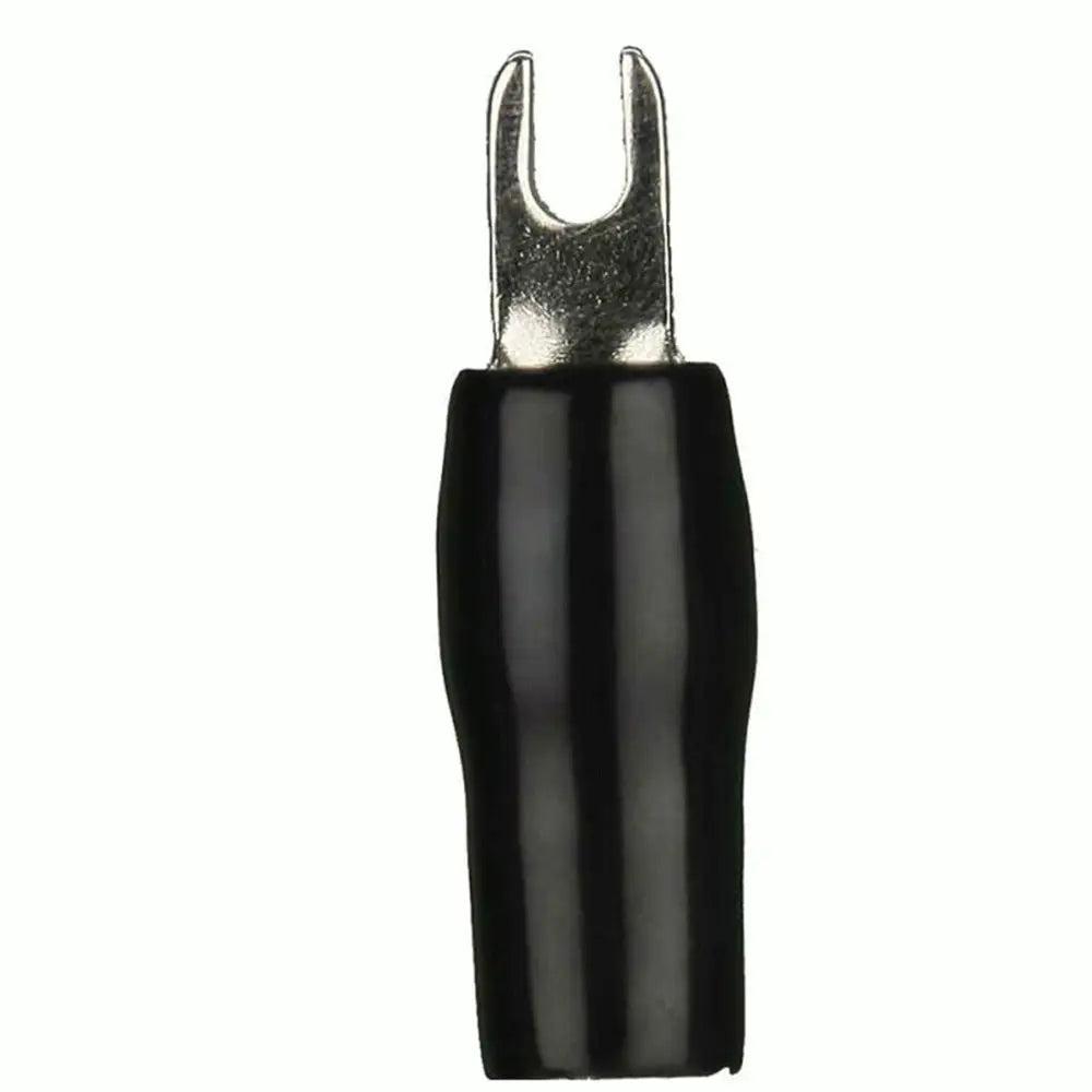 Single black-insulated barrier spade terminal with a forked metal tip