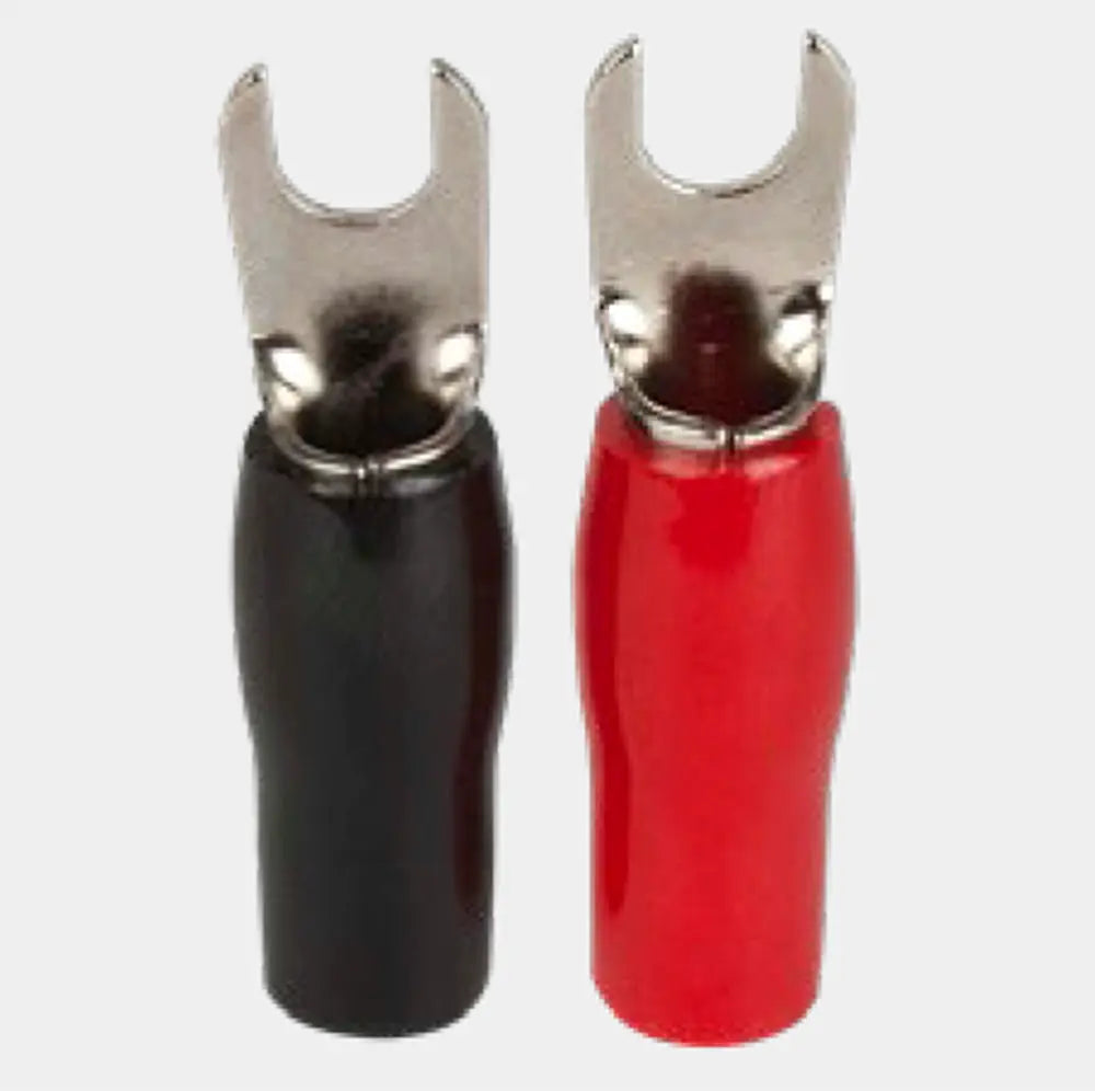 Pair of metal fork terminals with red and black insulated barrels