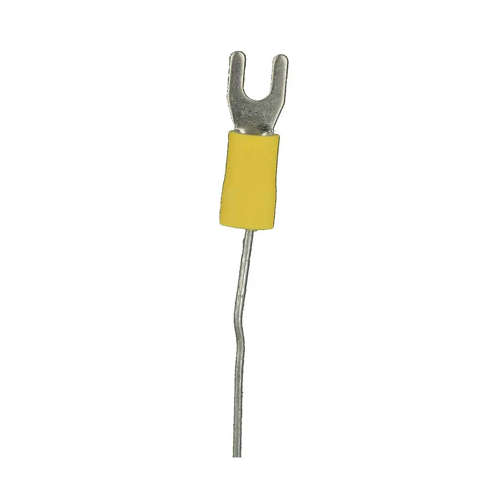 Yellow insulated spade terminal crimped onto a wire, with its forked end visible