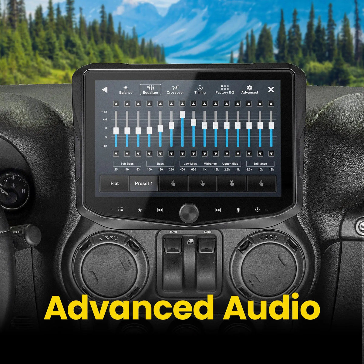 Stinger HORIZON10 in a Jeep Wrangler JK dashboard showing the audio equalizer screen
